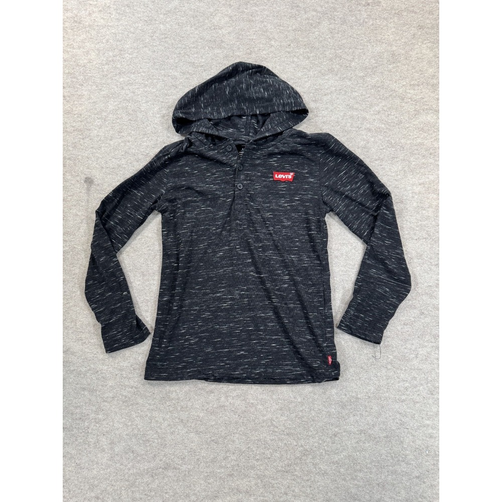 Levi's Henley Pullover Hoodie Boys S (7/8) Black Space Dye Logo Everyday Wear